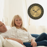 Gold Mandala on Black 50th Wedding Anniversary Large Clock<br><div class="desc">Gold ornate mandala circle on black background,  customizable gold wedding Anniversary. Celebrating 50 years of happy memories customizable text.</div>