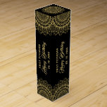Gold Mandala on Black Damasks Background Wine Box<br><div class="desc">Gold ornate mandala over a black and dark grey monochromatic background. Customizable text in a matching gold colour-happy birthday.</div>