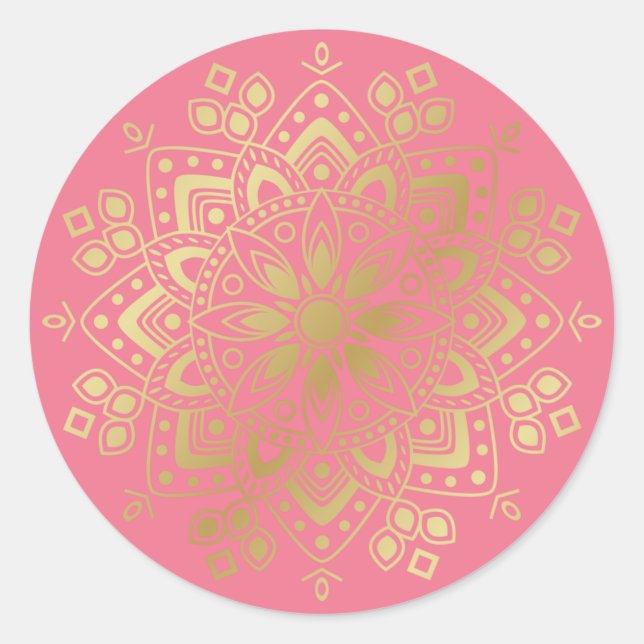 Gold Mandala on Pink Vintage Envelope Seal Sticker (Front)