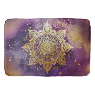 Gold Mandala on Purple Watercolor Bath Mat