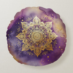 Gold Mandala on Purple Watercolor Round Pillow