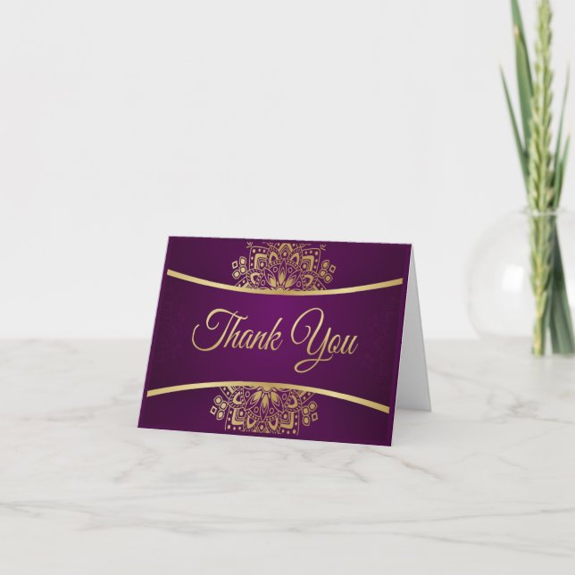 Gold Mandala on Purple Wedding Thank You Card (Front)