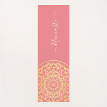 Gold Mandala Pink Coral Namaste Script Yoga Mat