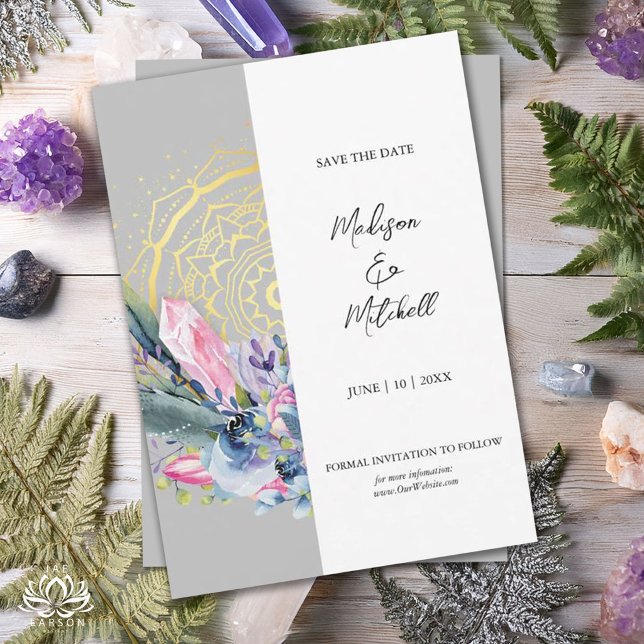 Gold Mandala Pink Crystal Boho Handfasting Wedding Save The Date (Creator Uploaded)