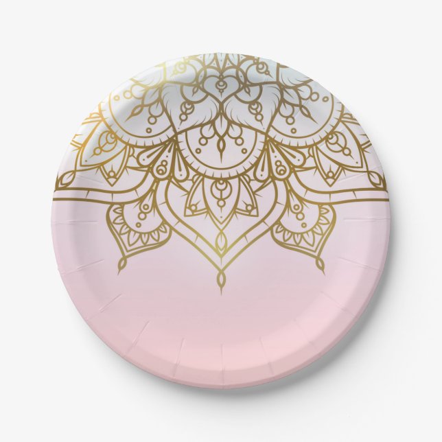 Gold Mandala Pink Peach Chic Modern Glam Party Paper Plate (Front)