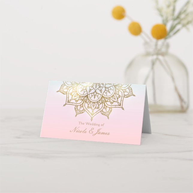 Gold Mandala Pink Peach Chic Modern Table Seating Place Card (Front)