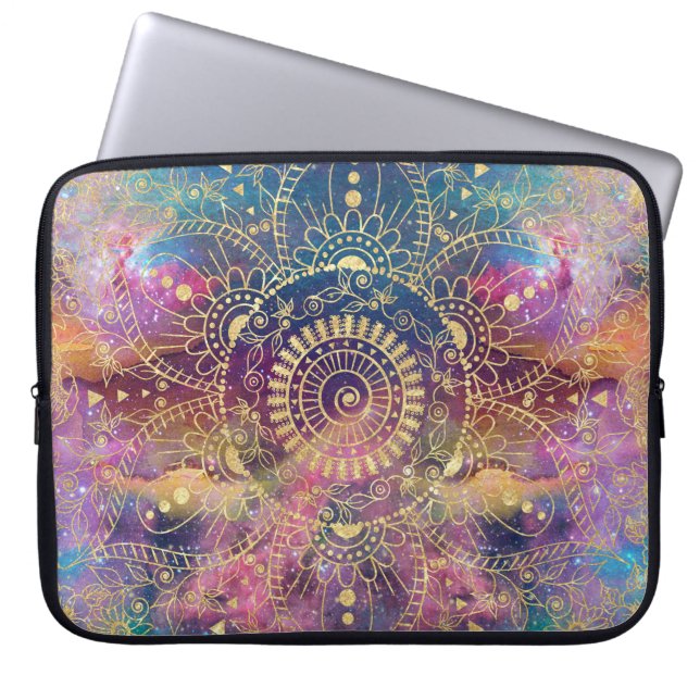 Gold Mandala Watercolor Colourful Nebula Laptop Sleeve (Front)