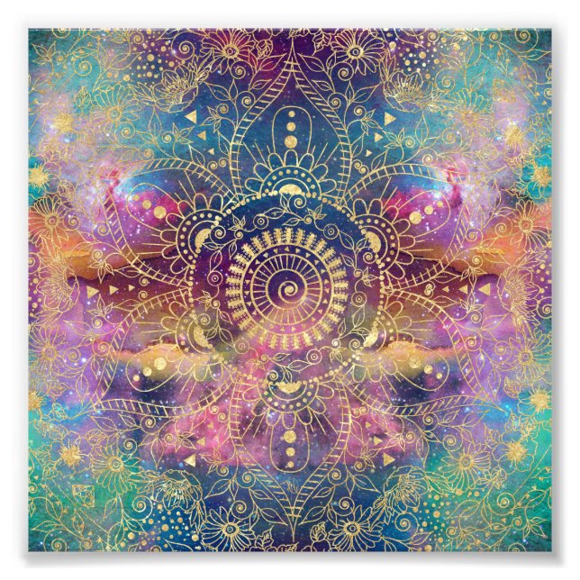 Gold Mandala Watercolor Colourful Nebula Photo Print (Front)