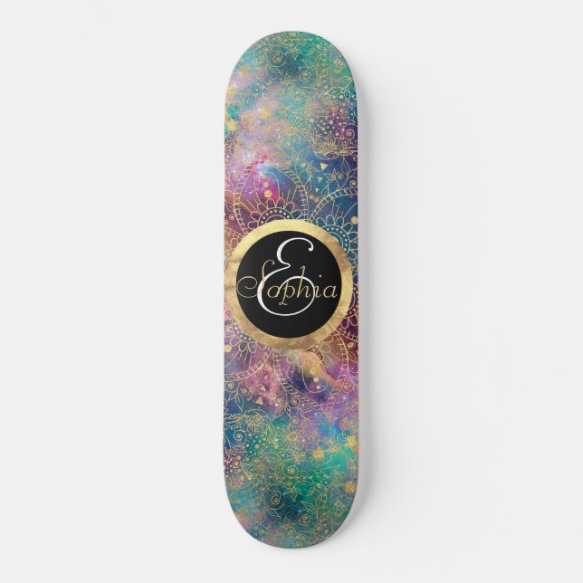 Gold Mandala Watercolor Colourful Nebula Skateboard (Front)