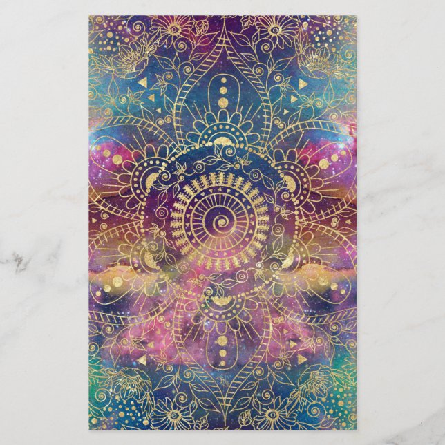 Gold Mandala Watercolor Colourful Nebula Stationery (Front)