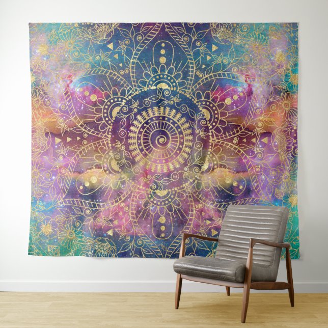 Gold Mandala Watercolor Colourful Nebula Tapestry (In Situ (Horizontal))