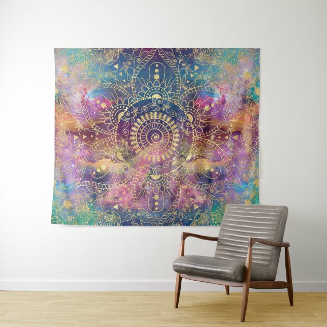 Gold Mandala Watercolor Colourful Nebula Tapestry (In Situ (Horizontal))