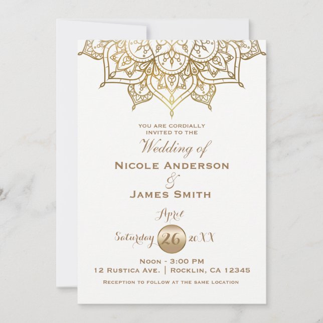 Gold Mandala White Modern Elegant Minimal Wedding Invitation (Front)