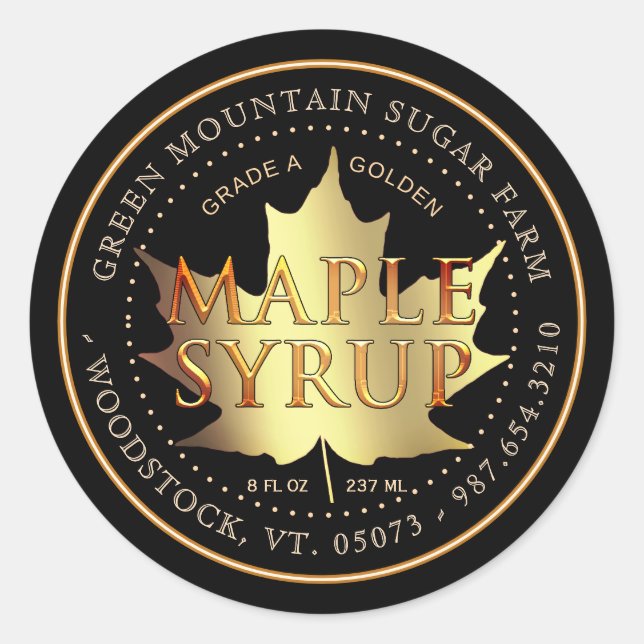 Gold Maple Leaf Editable Maple Syrup Label (Front)