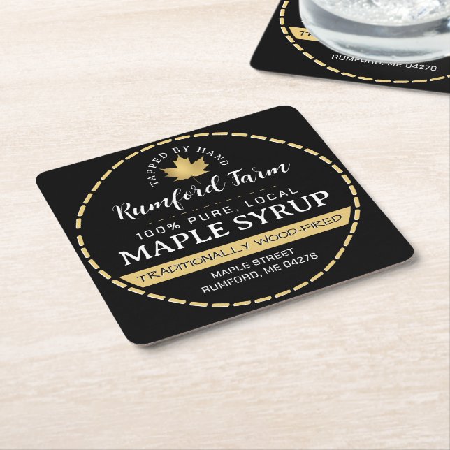 Gold Maple Leaf on Black Maple Syrup Dashed Border Square Paper Coaster (Angled)