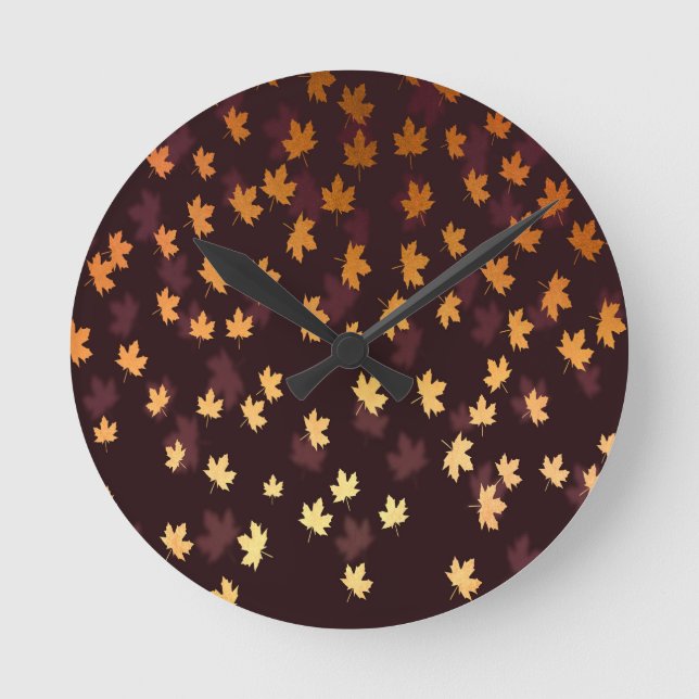 Gold Maple Leaf on dark red Round Clock (Front)