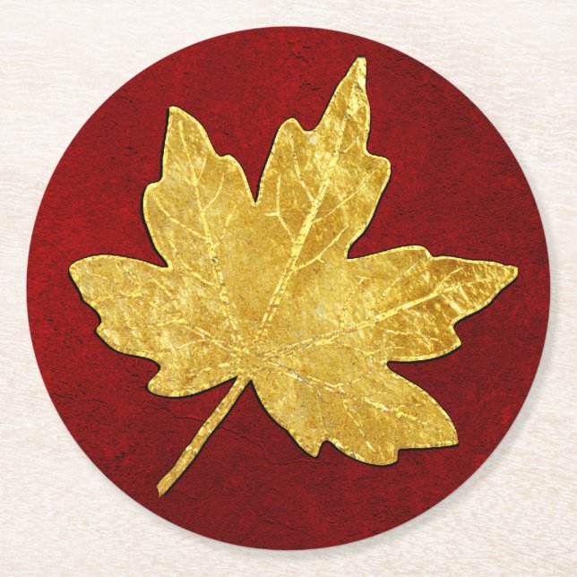 Gold Maple Leaf on Red Round Paper Coaster (Front)
