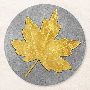 Gold Maple Leaf on Silver Round Paper Coaster