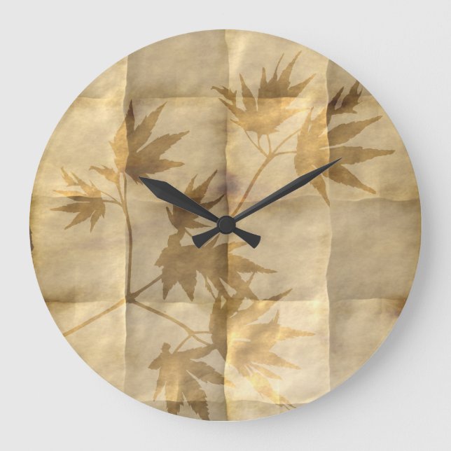 Gold maple leaves on parchment paper elegant large clock (Front)
