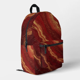 Gold Marble Abstract Background With Red Swirls Printed Backpack