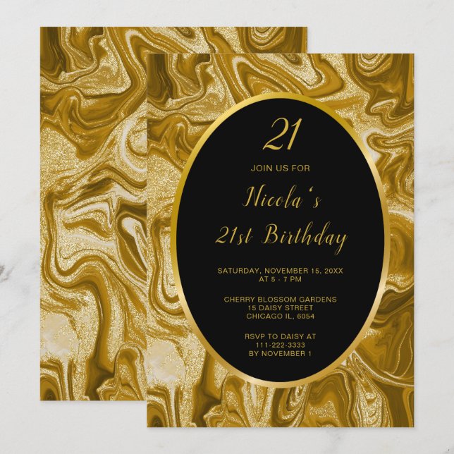 Gold Marble Agate 21st Birthday Invitation (Front/Back)