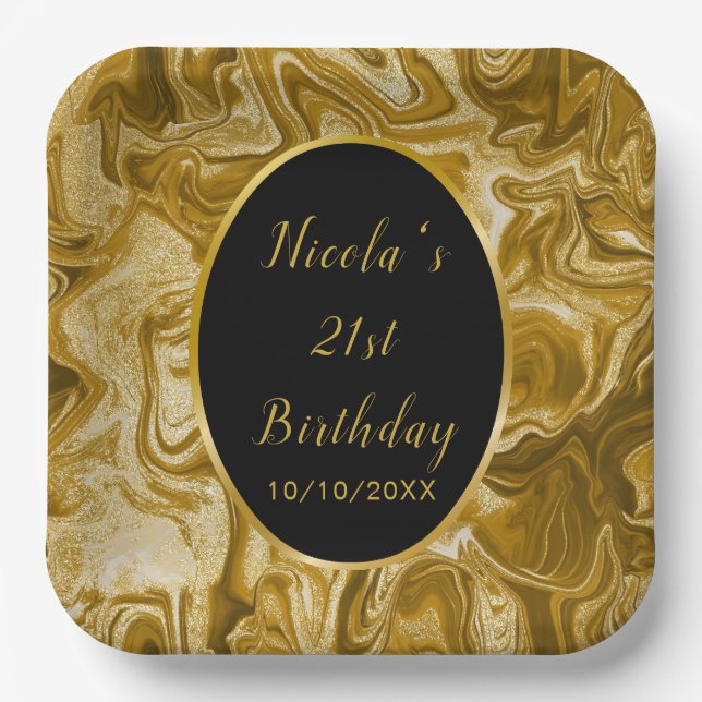 Gold Marble Agate 21st Birthday Paper Plate (Front)