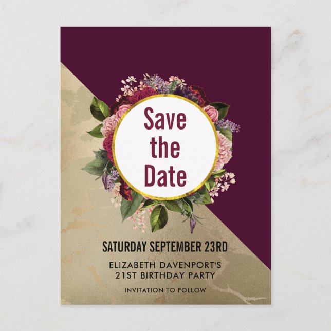 Gold Marble and Burgundy Floral Save the Date Postcard (Front)