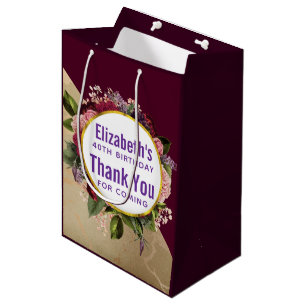 Gold Marble and Burgundy Florals Birthday Favour Medium Gift Bag