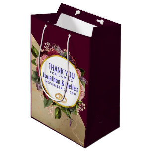 Gold Marble and Burgundy Florals Wedding Favour Medium Gift Bag