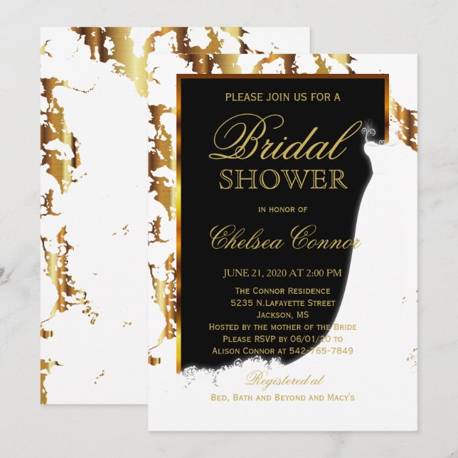 Gold Marble, Black and White Bridal Shower Invitation (Front/Back)