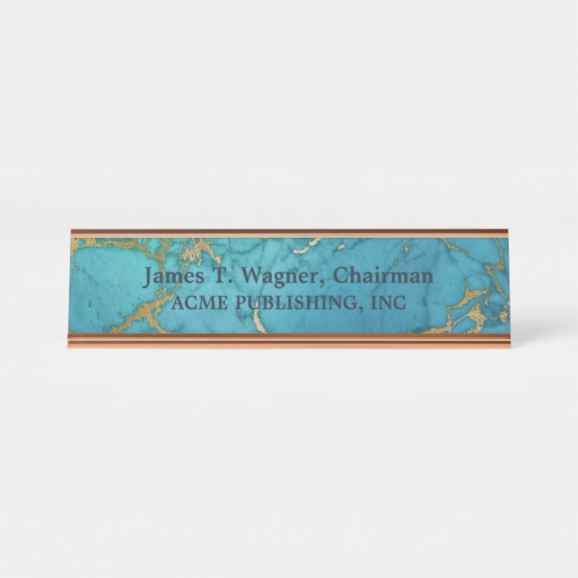 Gold Marble Blue Faux Stone Desk Name Plate (Front)