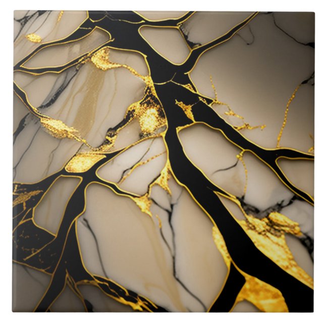 Gold Marble Ceramic with Black Crystalline Veins Tile (Front)