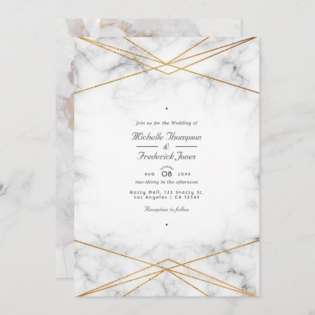 Gold Marble Geometric QR Code RSVP Wedding Invitation (Front/Back)