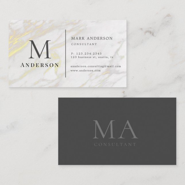 Gold Marble Masculine Double Monogram Business Card (Front/Back)