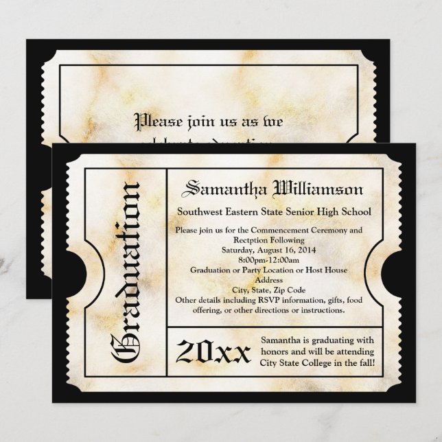 Gold Marble Modern Graduation Ticket Invitation (Front/Back)