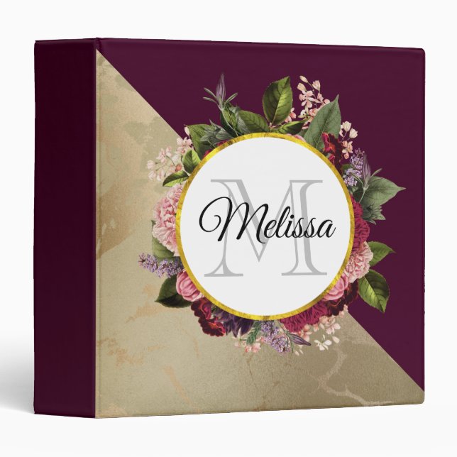 Gold Marble Pattern and Burgundy Floral Monogram Binder (Front/Spine)