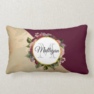 Gold Marble Pattern and Burgundy Floral Monogram Lumbar Pillow