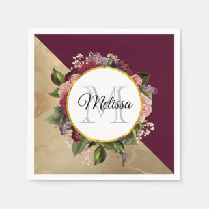 Gold Marble Pattern and Burgundy Floral Monogram Napkin