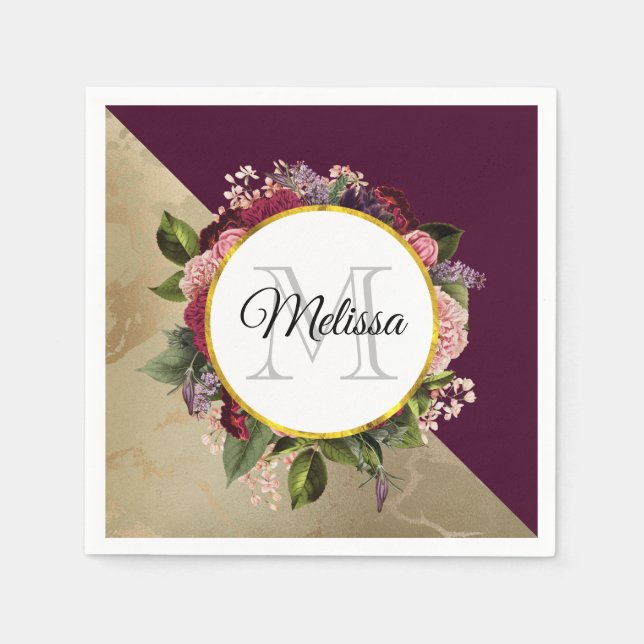 Gold Marble Pattern and Burgundy Floral Monogram Napkin (Front)