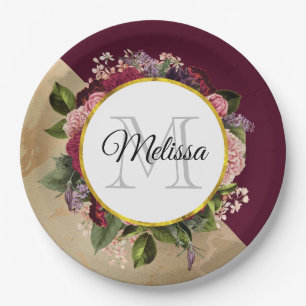 Gold Marble Pattern and Burgundy Floral Monogram Paper Plate