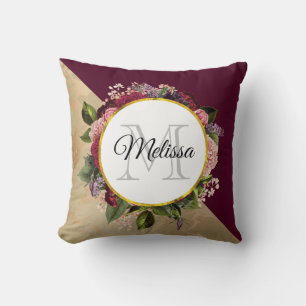 Gold Marble Pattern and Burgundy Floral Monogram Throw Pillow