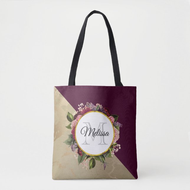 Gold Marble Pattern and Burgundy Floral Monogram Tote Bag (Front)