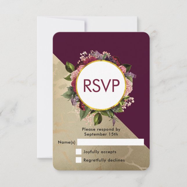 Gold Marble Pattern and Burgundy Floral Wedding RSVP Card (Front)