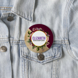 Gold Marble Pattern and Burgundy Florals 3 Inch Round Button