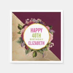 Gold Marble Pattern and Burgundy Florals Birthday Napkin