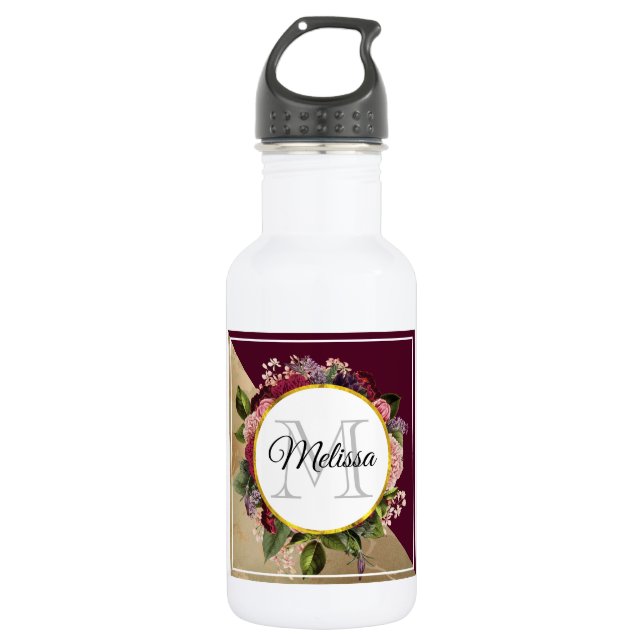 Gold Marble Pattern and Burgundy Florals Monogram 532 Ml Water Bottle (Front)