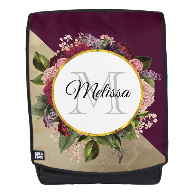 Gold Marble Pattern and Burgundy Florals Monogram Backpack (Front)