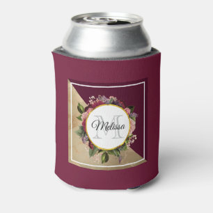 Gold Marble Pattern and Burgundy Florals Monogram Can Cooler