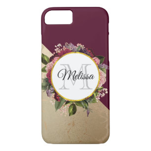 Gold Marble Pattern and Burgundy Florals Monogram Case-Mate iPhone Case