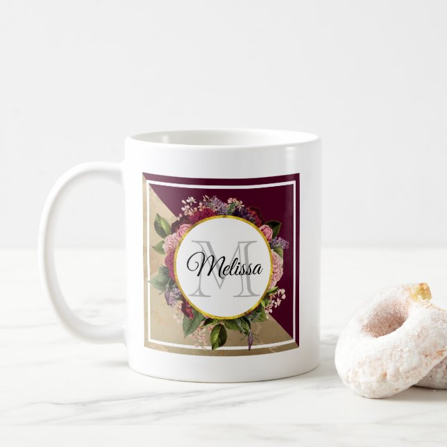 Gold Marble Pattern and Burgundy Florals Monogram Coffee Mug (With Donut)